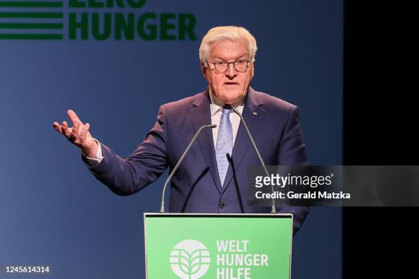 President of the Federal Republic of Germany Frank-Walter Steinmeier speaks at the 60th anniversary of "Welthungerhilfe" at Tipi am Kanzleramt on...