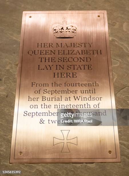 New plaque commemorating HM Queen Elizabeth II laying in State in Westminster Hall and to to unveil Jubilee Gifts on December 14, 2022 in London,...