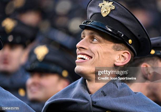 An Army corpsman smiles in the stands during the 123rd playing of the Army Navy game on December 10, 2022 at Lincoln Financial Field in Philadelphia,...