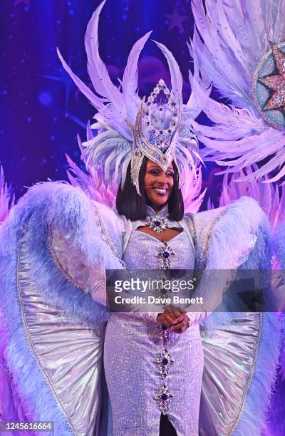 Alexandra Burke bows at the curtail call during the press night performance of "Jack And The Beanstalk" at The London Palladium on December 14, 2022...