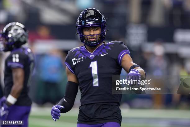 Horned Frogs wide receiver Quentin Johnston lines up before the snap during the Big 12 Championship game between the Kansas State Wildcats and TCU...