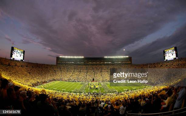 General view of the fans filling University of Michigan Stadium prior to the start of the game between the Michigan Wolverines and the Notre Dame...