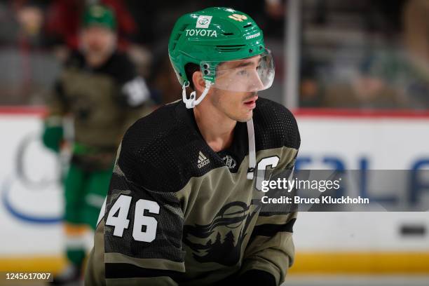 Jared Spurgeon of the Minnesota Wild warms up prior to the game against the Detroit Red Wings at the Xcel Energy Center on December 14, 2022 in Saint...