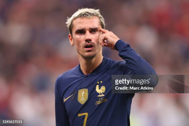 Antoine Griezmann of France gestures during the FIFA World Cup Qatar 2022 semi final match between France and Morocco at Al Bayt Stadium on December...
