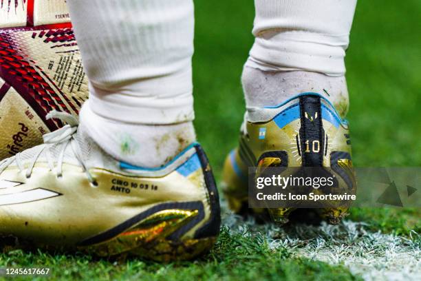 Close up detail of Argentina forward Lionel Messis boots during the Semifinal match of the 2022 FIFA World Cup in Qatar between Croatia and Argentina...