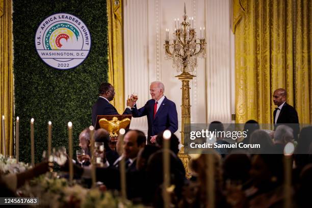 Senegalese President Macky Sall delivers a toast alongside U.S. President Joe Biden before dinner in the East Room of the White House on December 14,...