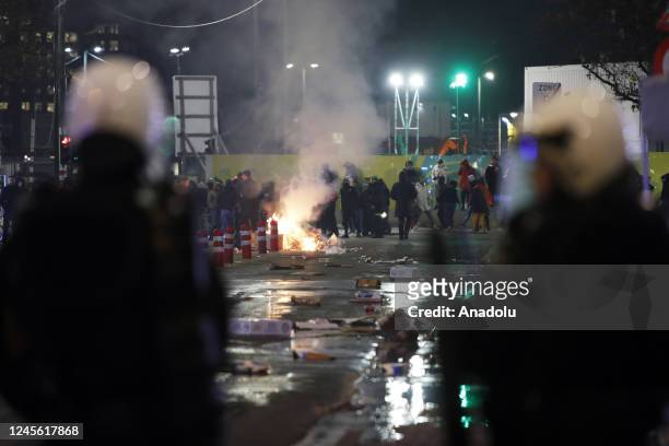 Moroccan supporters clash with police as Moroccan supporters celebrate the historical milestone of Morocco after losing the final against France in...