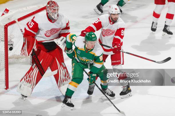 Magnus Hellberg and Jake Walman of the Detroit Red Wings defend against Kirill Kaprizov of the Minnesota Wild during the game at the Xcel Energy...