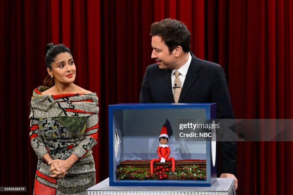 Actress Salma Hayek Pinault and host Jimmy Fallon play Can You Feel