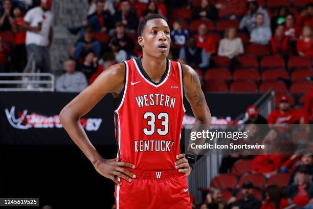 Western Kentucky Hilltoppers center Jamarion Sharp looks on during a college basketball game against the Louisville Cardinals on December 14, 2022 at...