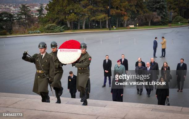Foreign minister Hadja Lahbib pictured during a wreath laying ceremony during a visit to the Ataturk Mausoleum, on day two of a working visit of the...