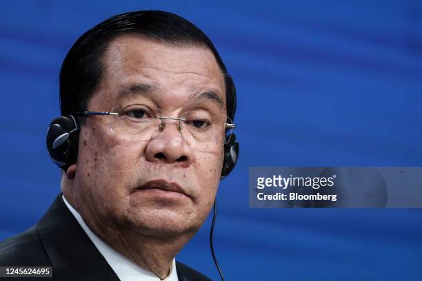 Hun Sen, Cambodia's prime minister, at a news conference following the EU-ASEAN Commemorative summit in Brussels, Belgium, on Wednesday, Dec. 14,...