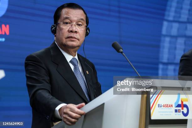 Hun Sen, Cambodia's prime minister, at a news conference following the EU-ASEAN Commemorative summit in Brussels, Belgium, on Wednesday, Dec. 14,...