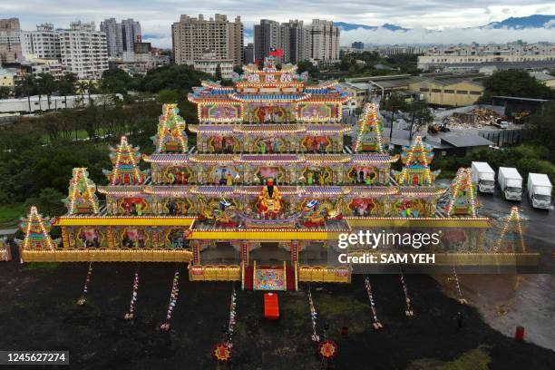 An aerial view shows one of the seven Taoist altars being staged in northern Taoyuan city on December 15, 2022. - The altars, standing up to 20...