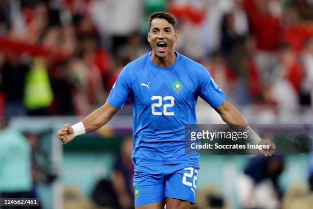 Ahmed Reda Tagnaouti of Morocco celebrates the victory during the World Cup match between Morocco v Portugal at the Al Thumama Stadium on December...
