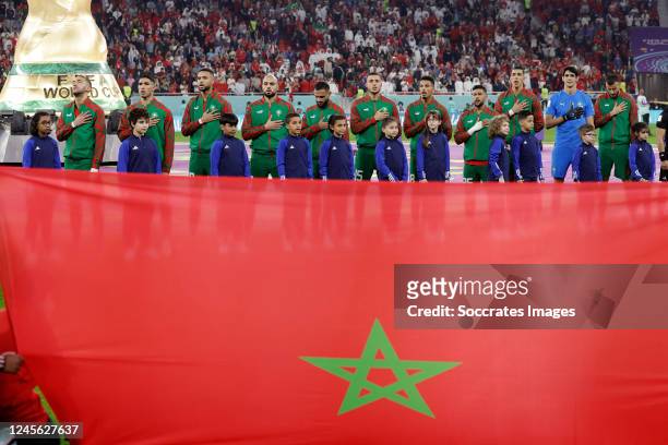 Line up Morocco flag national anthem Hakim Ziyech of Morocco, Achraf Hakimi of Morocco, Youssef En Nesyri of Morocco, Sofyan Amrabat of Morocco,...