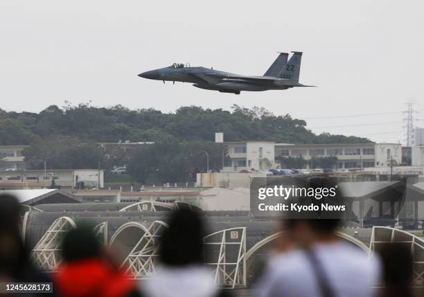 File photo taken on Dec. 14 shows an F-15 fighter at the U.S. Air Force's Kadena base in Okinawa Prefecture, southern Japan.