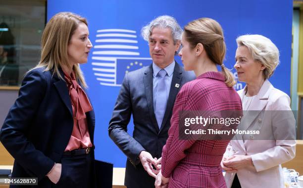 President of the European Parliament Roberta Metsola talks with the Slovenian Prime Minister, chairman of the Freedom Movement Robert Golob, the...