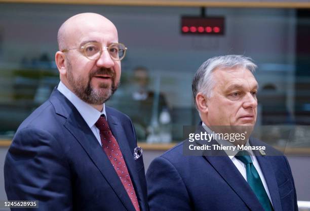 President of the European Council Charles Michel talks with the Hungarian Prime Minister Viktor Mihaly Orban prior the start of an EU Summit in the...