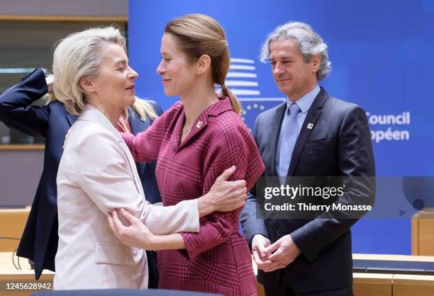 President of the European Commission Ursula von der Leyen talks with the President of the European Parliament Roberta Metsola, the Estonian Prime...