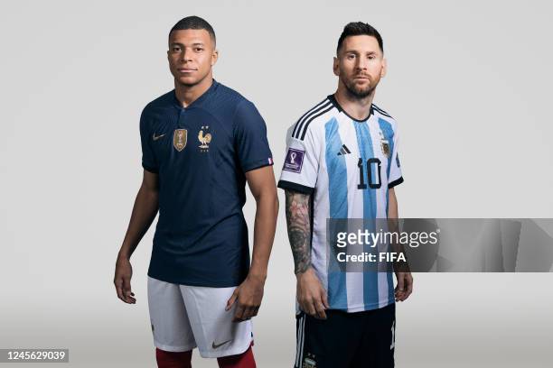 In this composite image, a comparison has been made between Kylian Mbappe of France and Lionel Messi of Argentina, who are posing during the official...