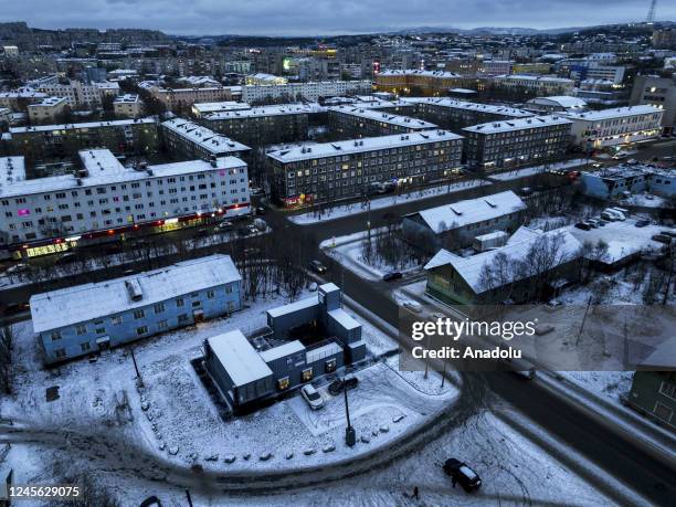 An aerial view of the Container Hall that won the "Golden Trezziniâ awards in Murmansk, Russia on November 26, 2022. The Arctic cultural hub...