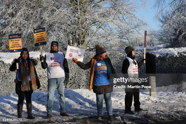 Nurses on the picket line outside Fulbourn hospital hold up signs to passing traffic on December 15, 2022 in Cambridge, United Kingdom. The Royal...