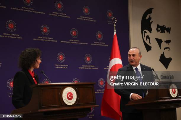 Belgian Foreign minister Hadja Lahbib and Foreign Minister of Turkey Mevlut Cavusoglu hold a press conference following their diplomatic meeting on...