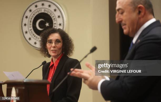 Belgian Foreign minister Hadja Lahbib and Foreign Minister of Turkey Mevlut Cavusoglu hold a press conference following their diplomatic meeting on...