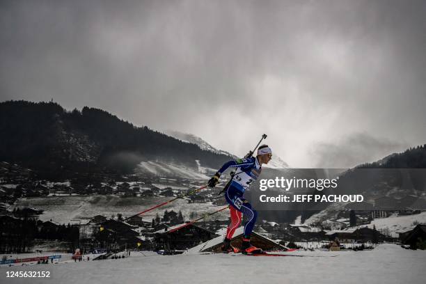 French biathlete Emilien Jacquelin competes in the mens 10 km sprint event of the IBU Biathlon World Cup in Le Grand Bornand near Annecy,...