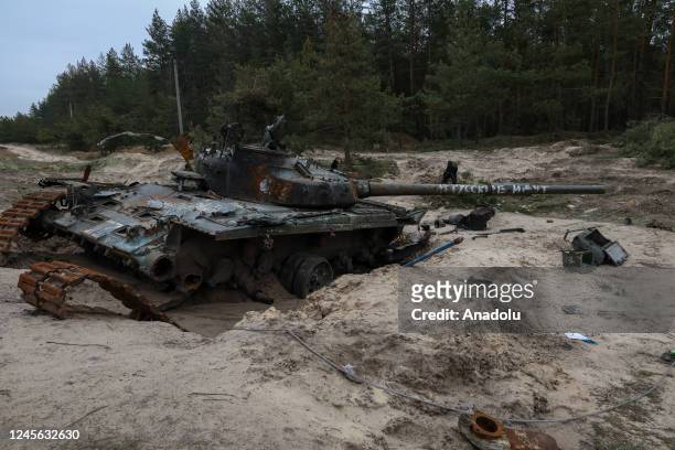 Crashed Russian tank in the de-occupied village of Kovsharivka, Kharkiv region, Ukraine on December 15, 2022.