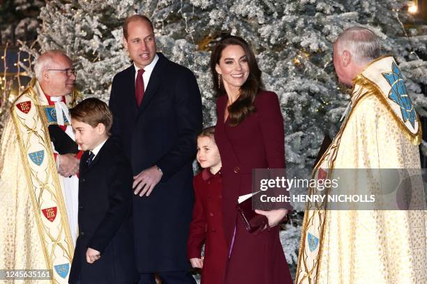Britain's Prince William, Prince of Wales and his wife Britain's Catherine, Princess of Wales arrive with their children Britain's Princess Charlotte...