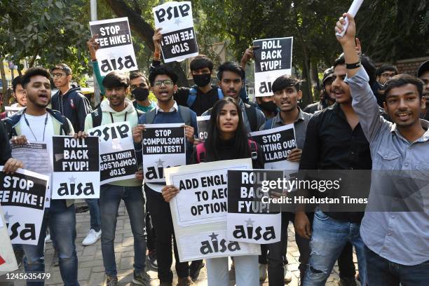 Members and Delhi University Students shout slogans during the Protest March against the vice chancellor and university administration on the Issue...