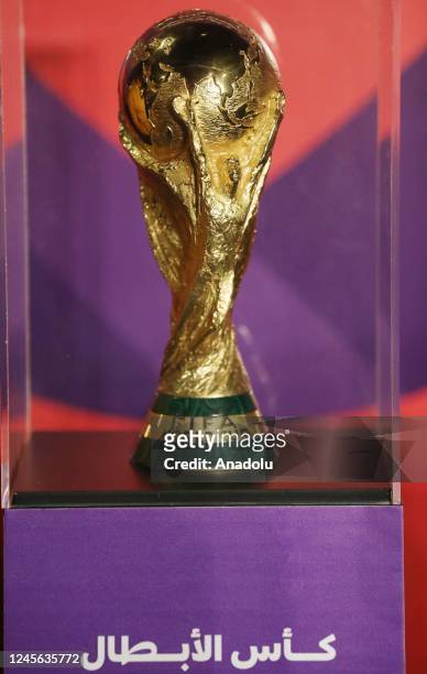 View of the FIFA World Cup trophy exhibited in the Corniche Street of Doha, Qatar on December 15, 2022.