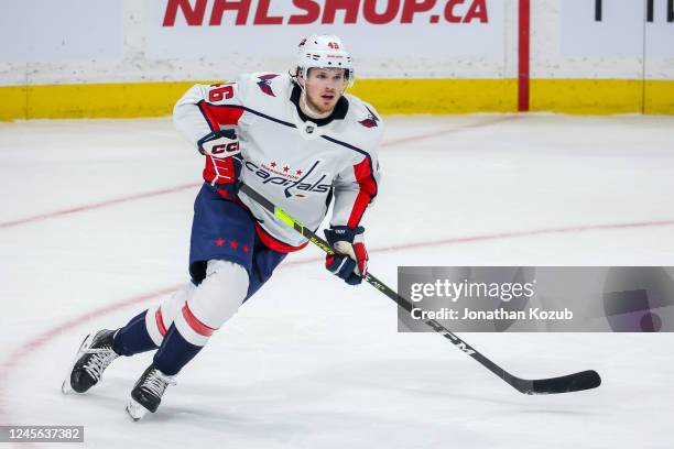 Lucas Johansen of the Washington Capitals skates during third period action against the Winnipeg Jets at Canada Life Centre on December 11, 2022 in...