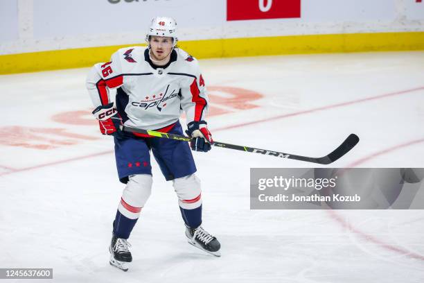 Lucas Johansen of the Washington Capitals skates during third period action against the Winnipeg Jets at Canada Life Centre on December 11, 2022 in...