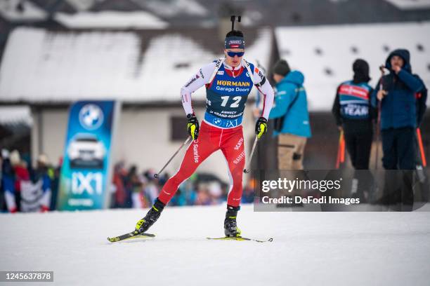 Niklas Hartweg of Switzerland in action competes during the Men 10 km Sprint at the BMW IBU World Cup Biathlon Annecy-Le Grand Bornand on December...