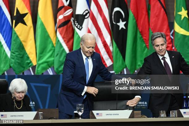 President Joe Biden and Secretaryof State Antony Blinken arrive at the US-Africa Leaders Summit closing session on "Promoting Food Security and Food...