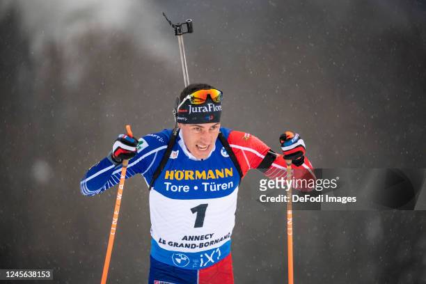 Quentin Fillon Maillet of France in action competes during the Men 10 km Sprint at the BMW IBU World Cup Biathlon Annecy-Le Grand Bornand on December...