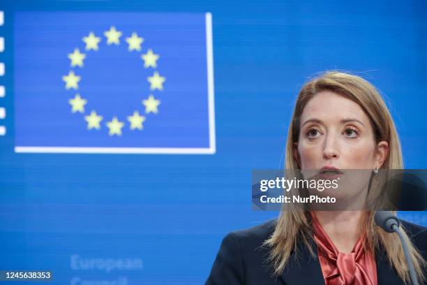 President of the European Parliament Roberta Metsola at a press conference during the European Council. The President of the EU Parliament talks to...