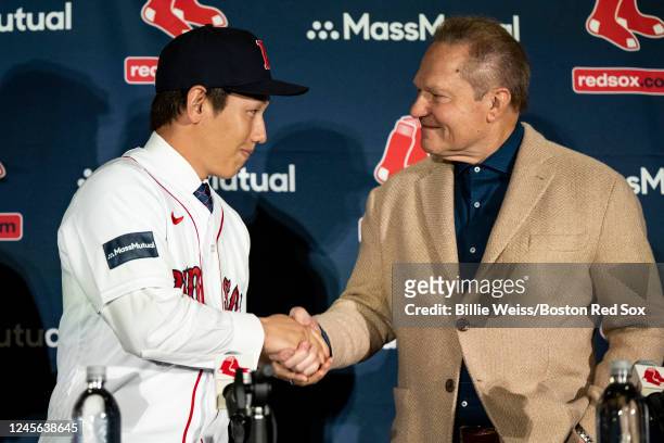 Agent Scott Boras introduces Masataka Yoshida of the Boston Red Sox during a press conference announcing his contract agreement with the Boston Red...