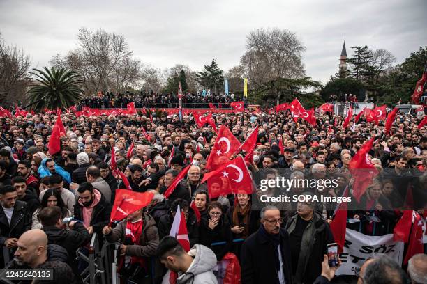 Supporters of Istanbul Metropolitan Mayor Ekrem Imamoglu with Turkish Flags attend the rally. Supporters of Istanbul Metropolitan Mayor Ekrem...