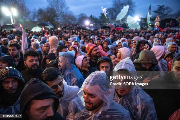 Supporters of Istanbul Metropolitan Mayor Ekrem Imamoglu wearing raincoats attend the rally. Supporters of Istanbul Metropolitan Mayor Ekrem Imamoglu...