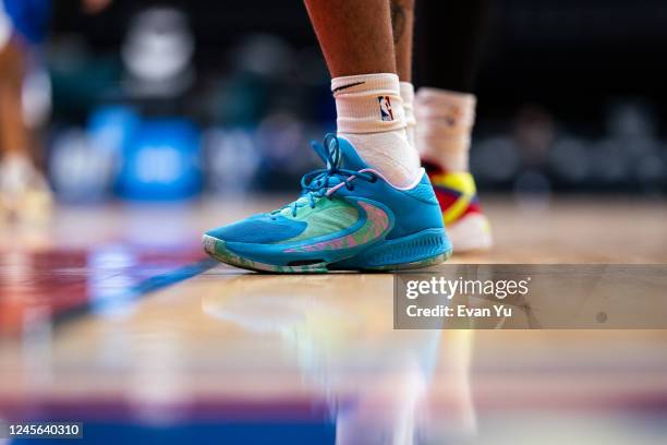 The sneakers worn by Garrison Brooks of the Westchester Knicks during the game against the Long Island Nets on December 15, 2022 at Nassau Coliseum...