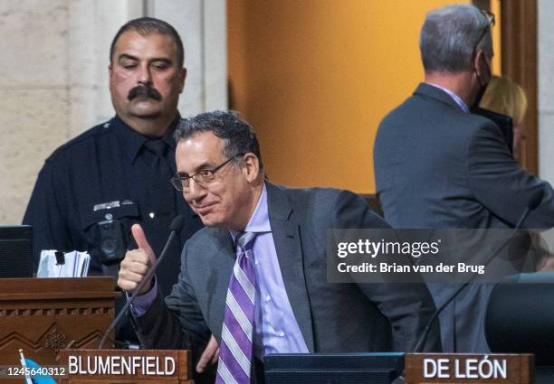 December 13, 2022: City Councilmember Bob Blumenfield gives a thumbs up as he voices his support for President Pro Tempore Curren Price at LA City...
