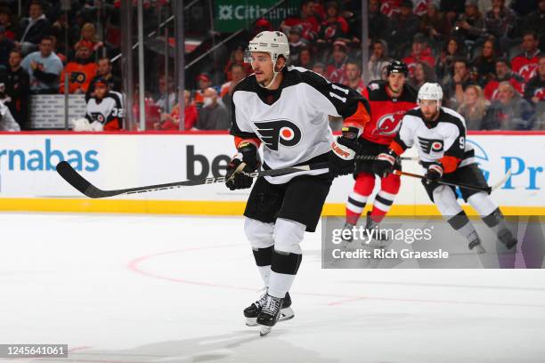 Travis Konecny of the Philadelphia Flyers skates in the second period of the game against the New Jersey Devils on December 15, 2022 at the...