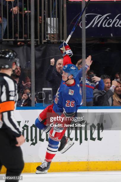 Jimmy Vesey of the New York Rangers celebrates after scoring a goal in the second period against the Toronto Maple Leafs at Madison Square Garden on...