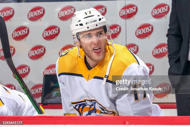 Mark Jankowski of the Nashville Predators makes a face from the bench prior to puck drop against the Winnipeg Jets at the Canada Life Centre on...