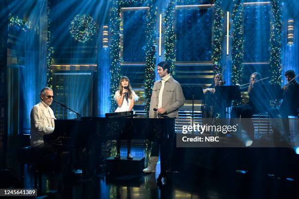 Episode 1767 -- Pictured: Musical guests Andrea, Virginia, and Matteo Bocelli perform on Thursday, December 15, 2022 --