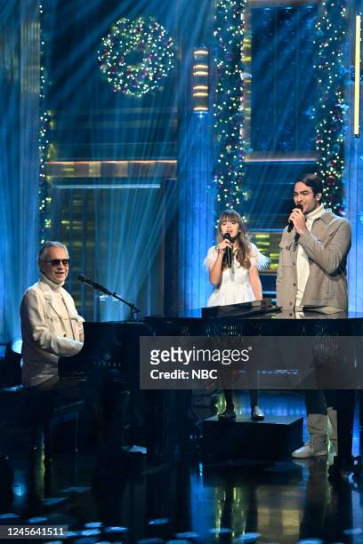 Episode 1767 -- Pictured: Musical guests Andrea, Virginia, and Matteo Bocelli perform on Thursday, December 15, 2022 --